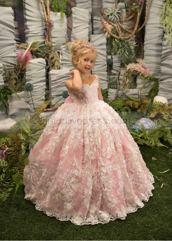 Blush Pink Floral Embroidered Lace Tulle Floor Length Flower Girl Dress
